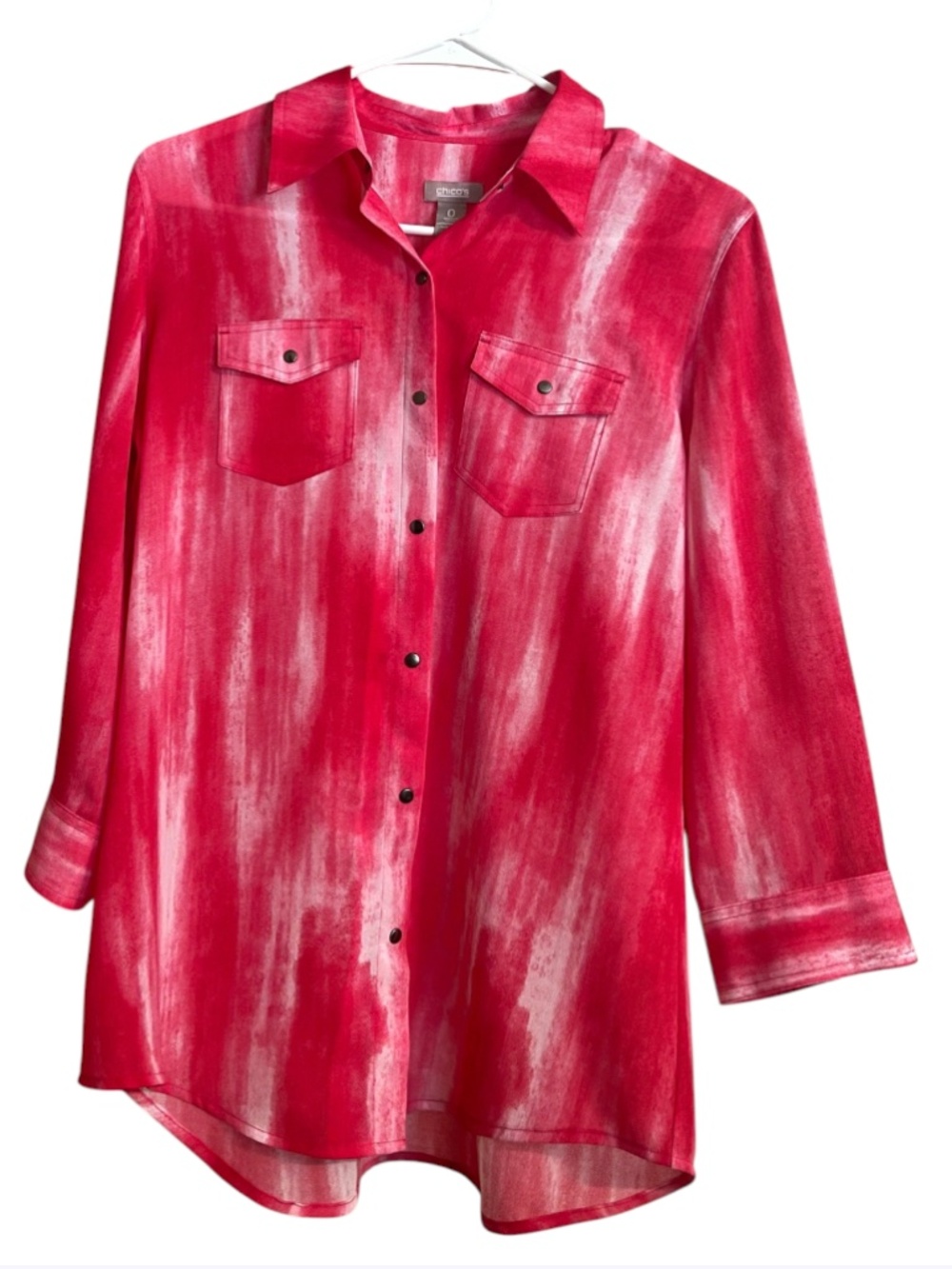 Chico’s Women Vibrant Red & White Vertical Brushstroke Pattern Tie Dye Shirt S